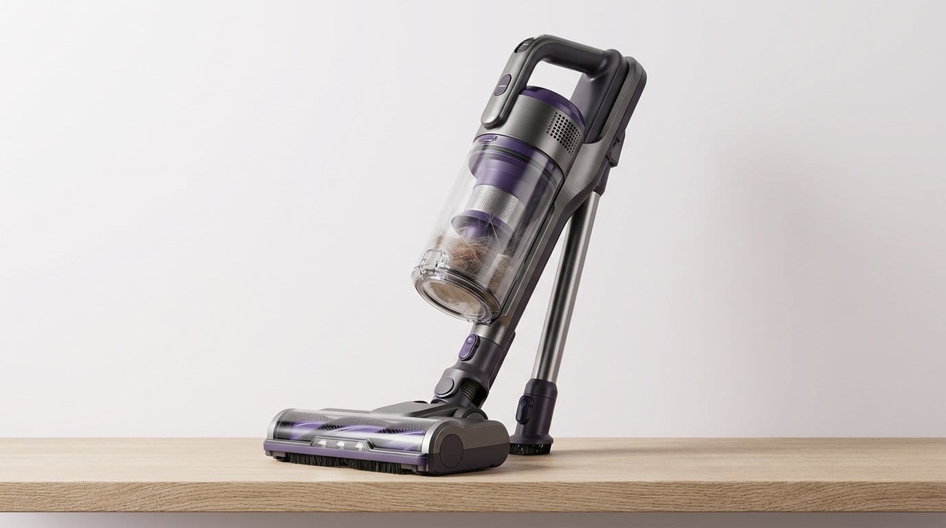 Cordless upright vacuum on a wooden floor against a white wall, shown as a featured product image