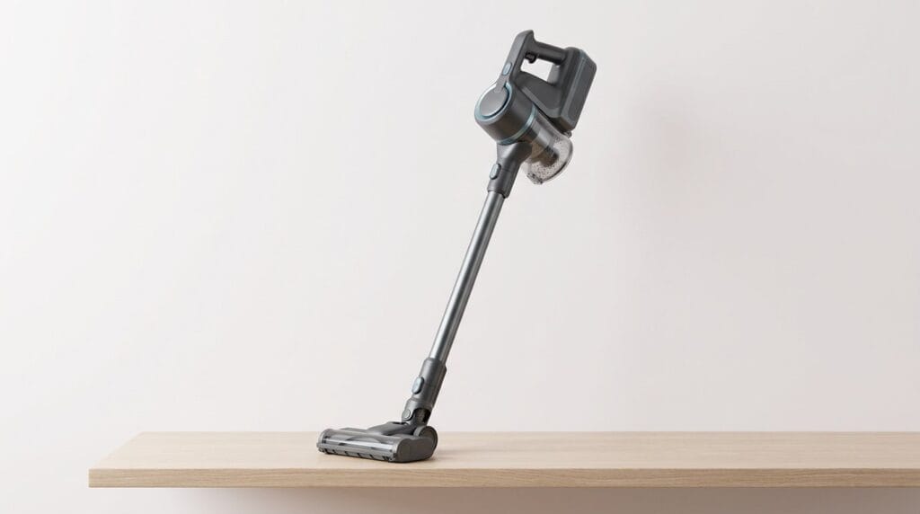 Cordless stick vacuum on a wooden surface against a white background, featured in a lightweight vacuums guide
