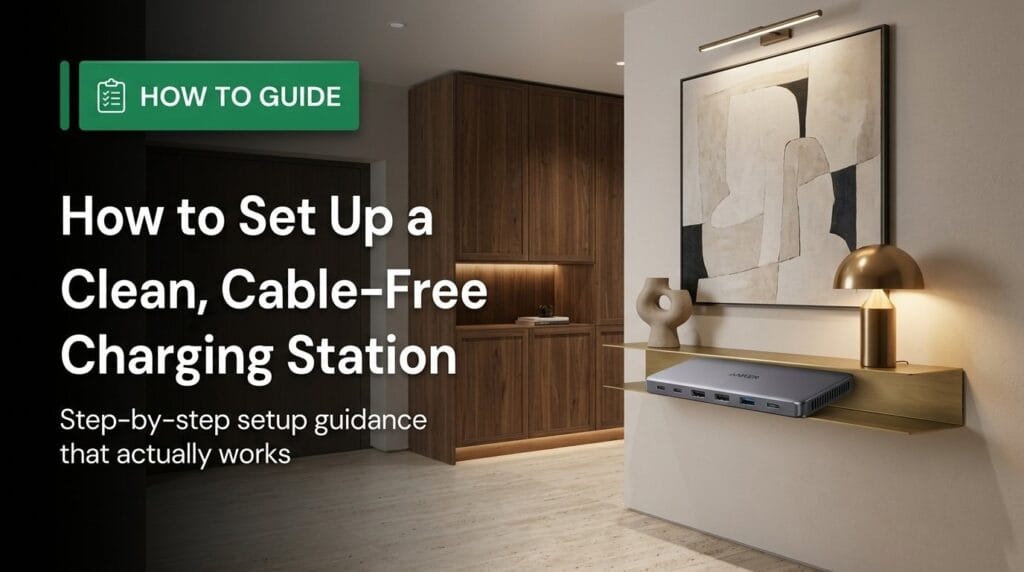 ANKER Slim Hub on a minimal surface with soft directional light for a cable-free charging station guide