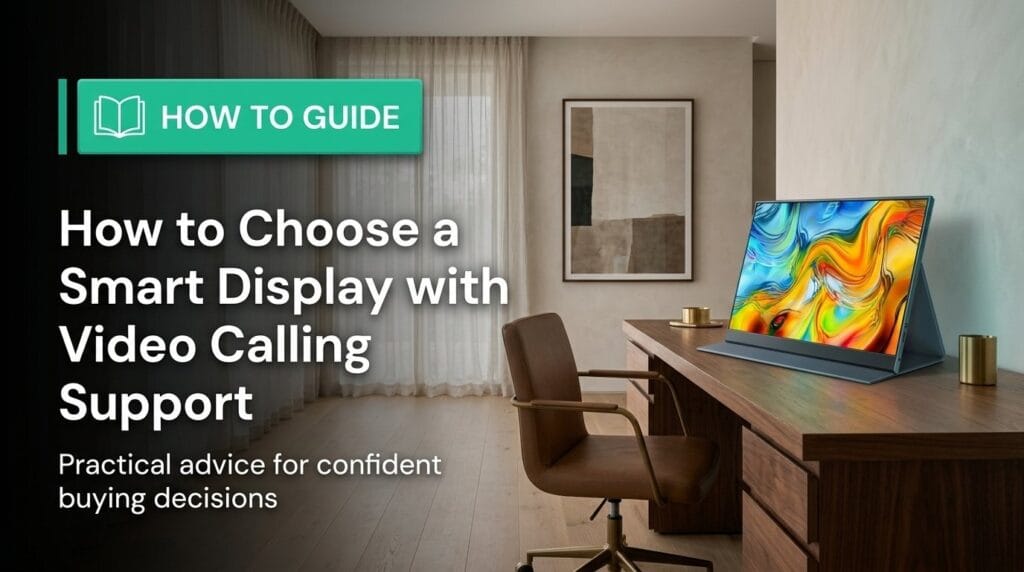 Smart display on a minimal surface with soft directional light for a buying guide.
