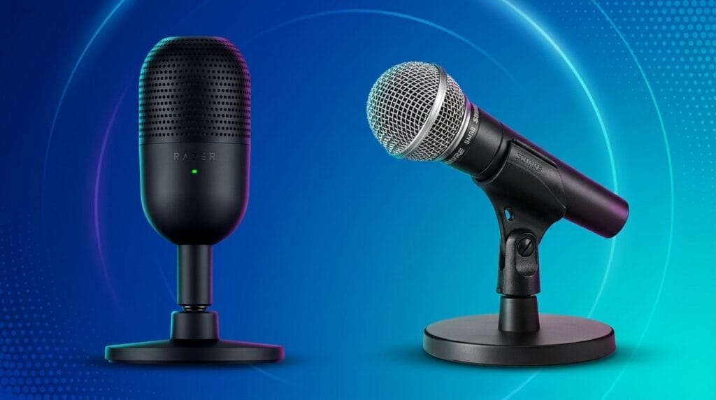 Two microphones on stands compare USB mic vs XLR mic against a blue gradient background