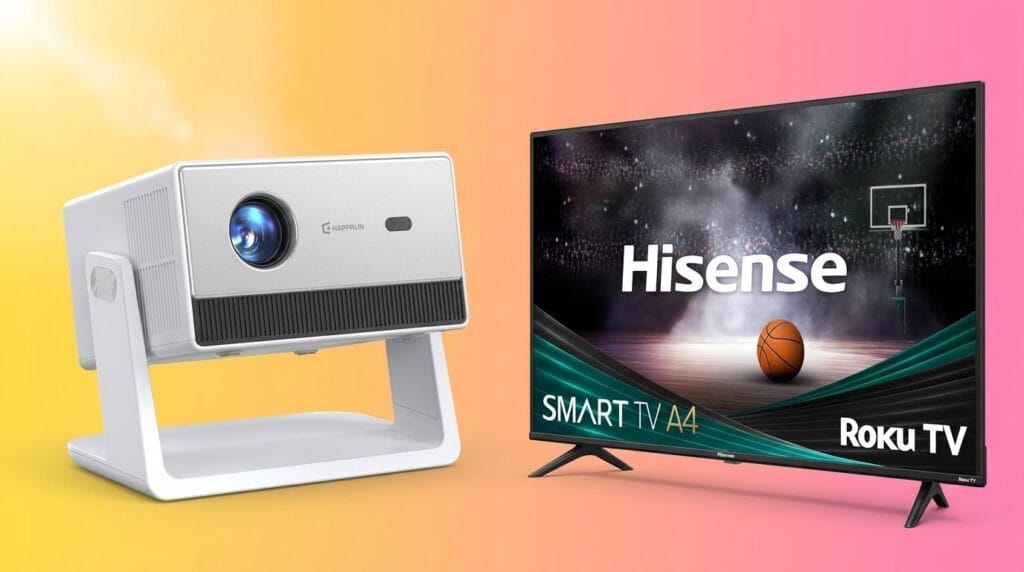 Hisense smart TV and compact projector on a gradient background, side by side for movie comparison