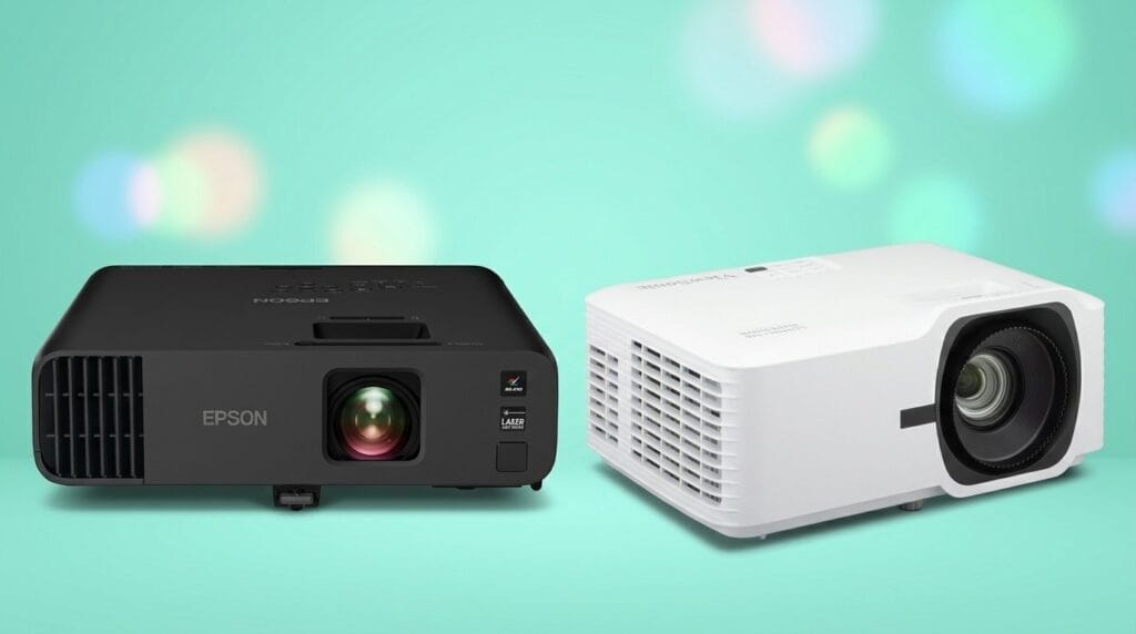 Two Epson projectors on a light blue background, comparing laser vs LED projector technology