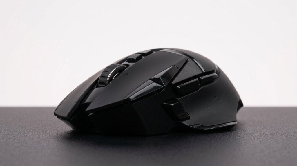 Black ergonomic gaming mouse with multiple buttons on a dark surface, lit softly from the side.