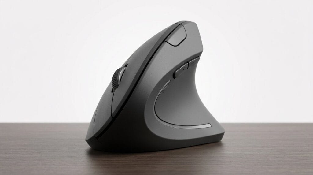 Ergonomic vertical wireless mouse on a wooden surface with soft directional light.