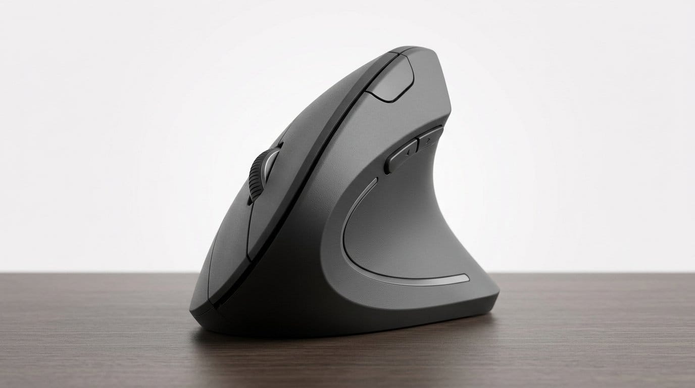 Ergonomic vertical wireless mouse on a wooden surface with soft directional light.