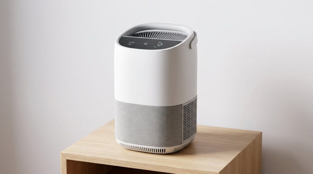 White and gray air purifier on a wooden table against a plain wall, lit softly from the side