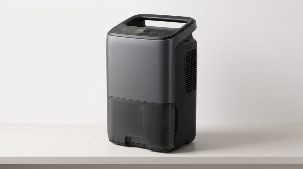Compact black portable dehumidifier with handle on a white surface, shown as a featured product image.