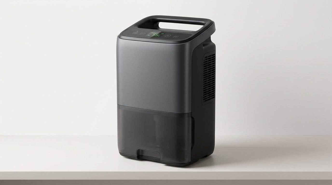 Compact black portable dehumidifier with handle on a white surface, shown as a featured product image.