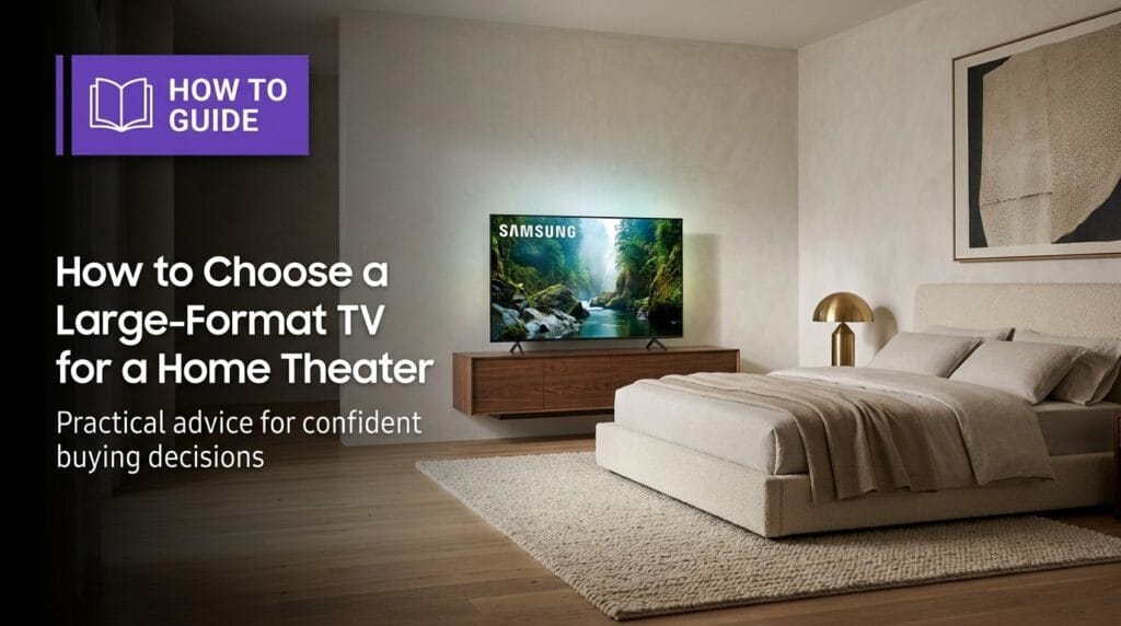55-inch 4K smart TV on a minimal surface with soft directional light for a home theater guide