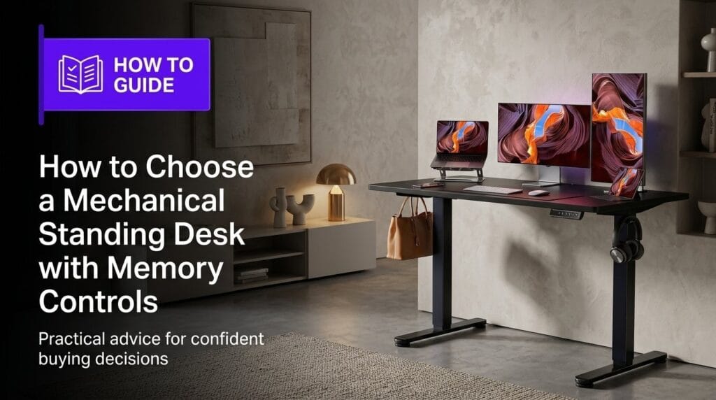 Modern mechanical standing desk with memory controls in a stylish home office setting