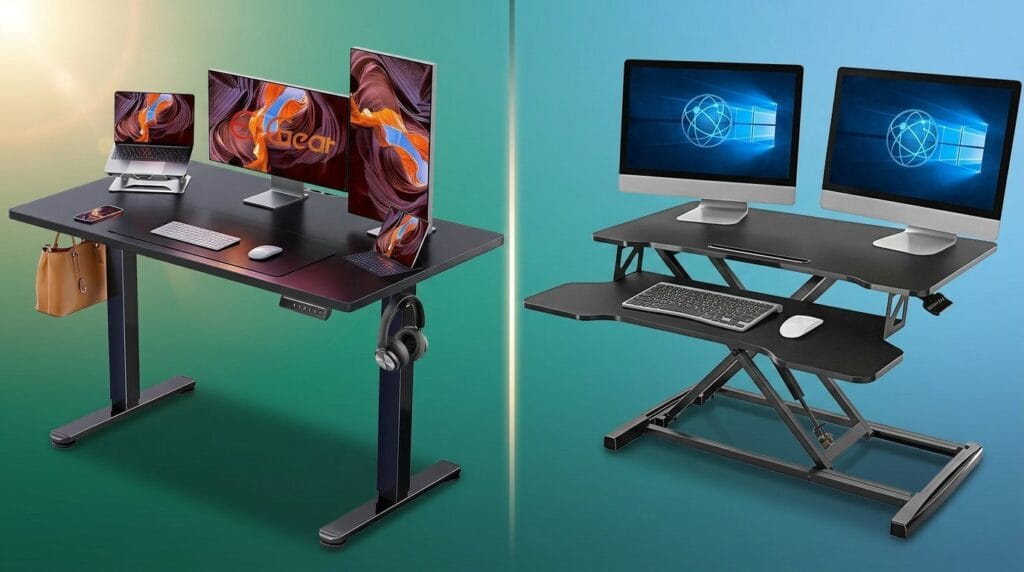 Side-by-side comparison of a standing desk and desk converter on a minimal surface with soft light.