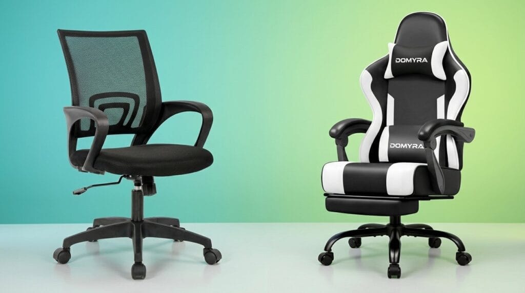 Ergonomic office chair and black gaming chair side by side on a green background for back pain comparison