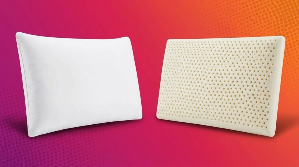 Memory foam and latex pillows side by side on a minimal surface with soft light, comparing sleep comfort