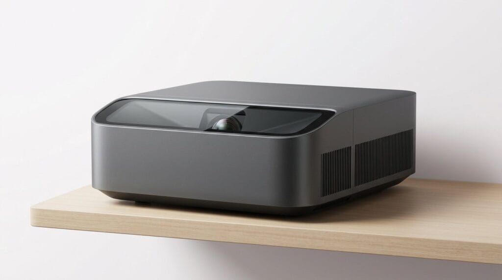 Compact black projector on a wooden shelf against a white wall with soft light