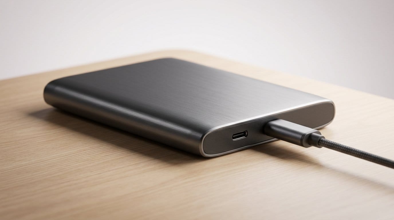 Compact black external hard drive connected by USB cable on a wooden surface under soft light