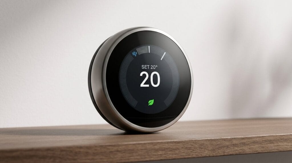 Smart thermostat on a wooden surface displaying temperature and date