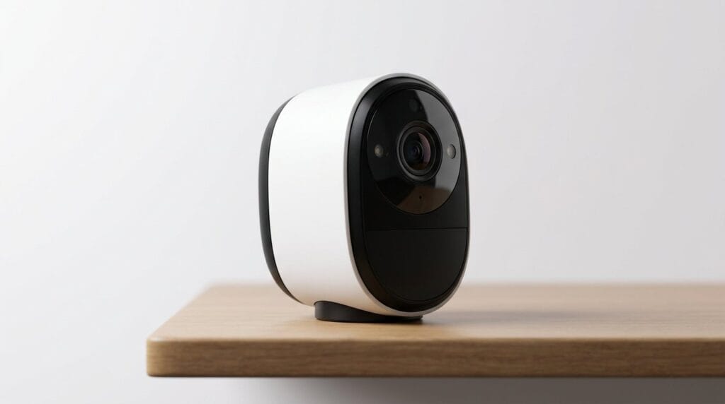 Compact wireless indoor security camera on a wooden surface with soft directional light, featuring night vision.