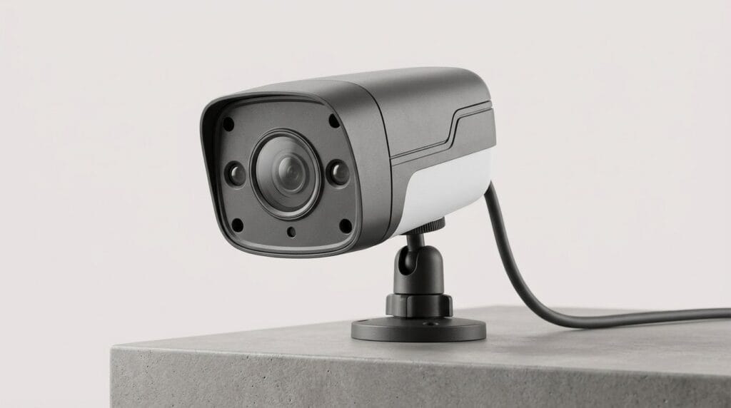 Outdoor security camera mounted on a concrete surface for home surveillance with soft directional light