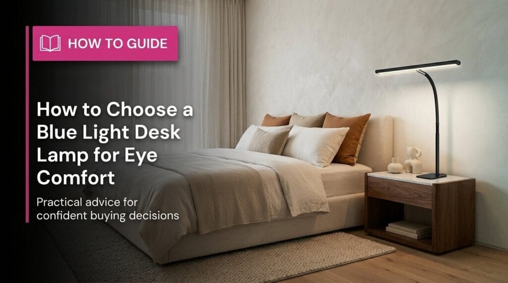 Desk lamp on a minimal surface with soft directional light for eye comfort guide