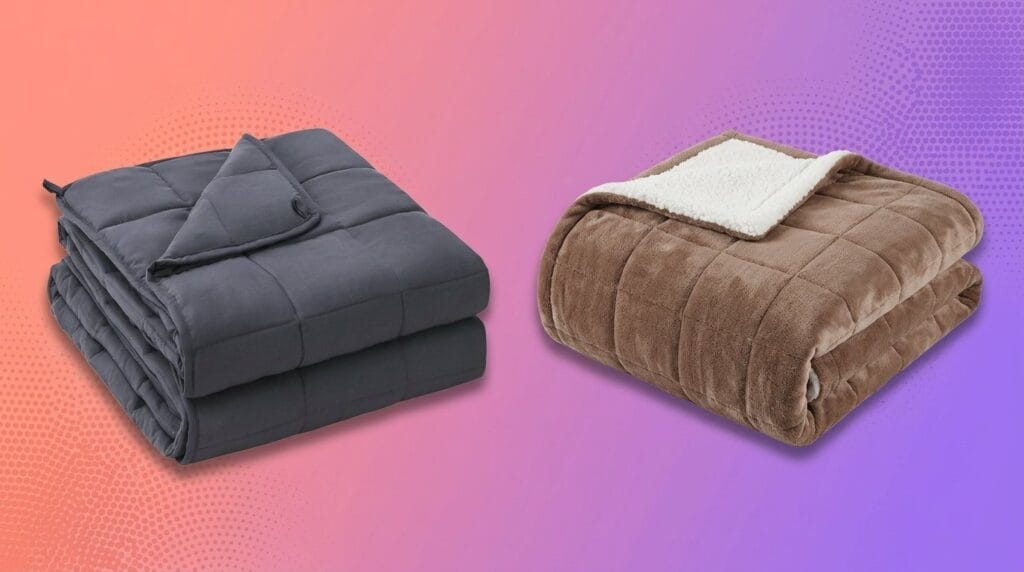 Two cozy weighted blankets, dark gray and brown with white fleece lining, on a gradient background
