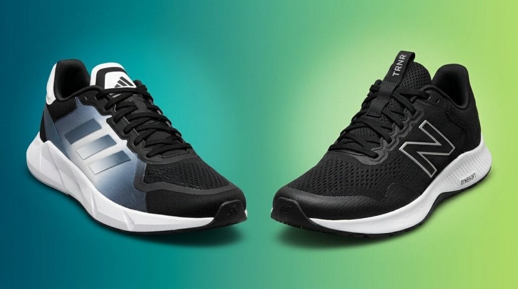 Two pairs of black athletic running shoes on a green and blue gradient background