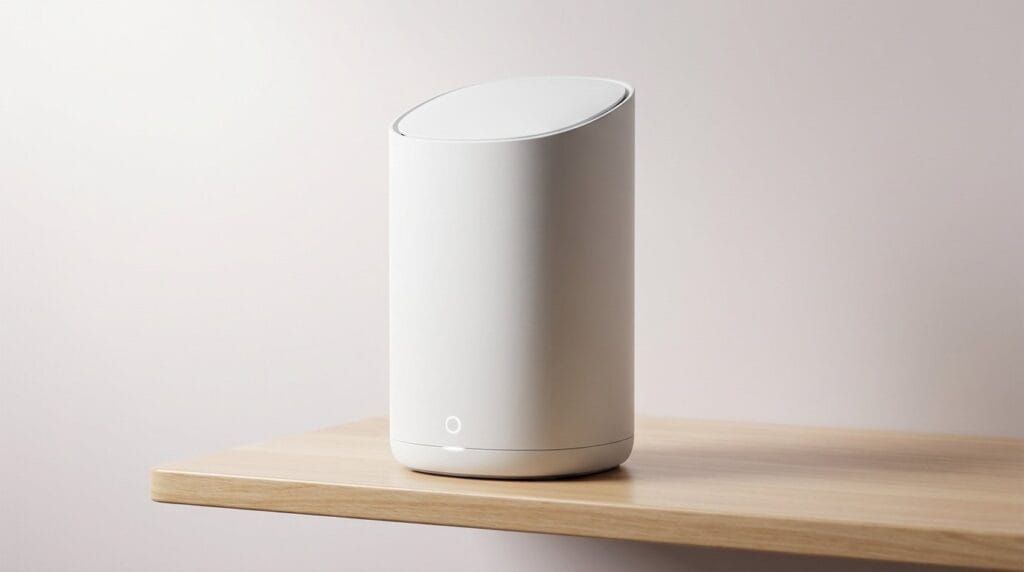 Minimalist white smart home device on a wooden surface against a plain background
