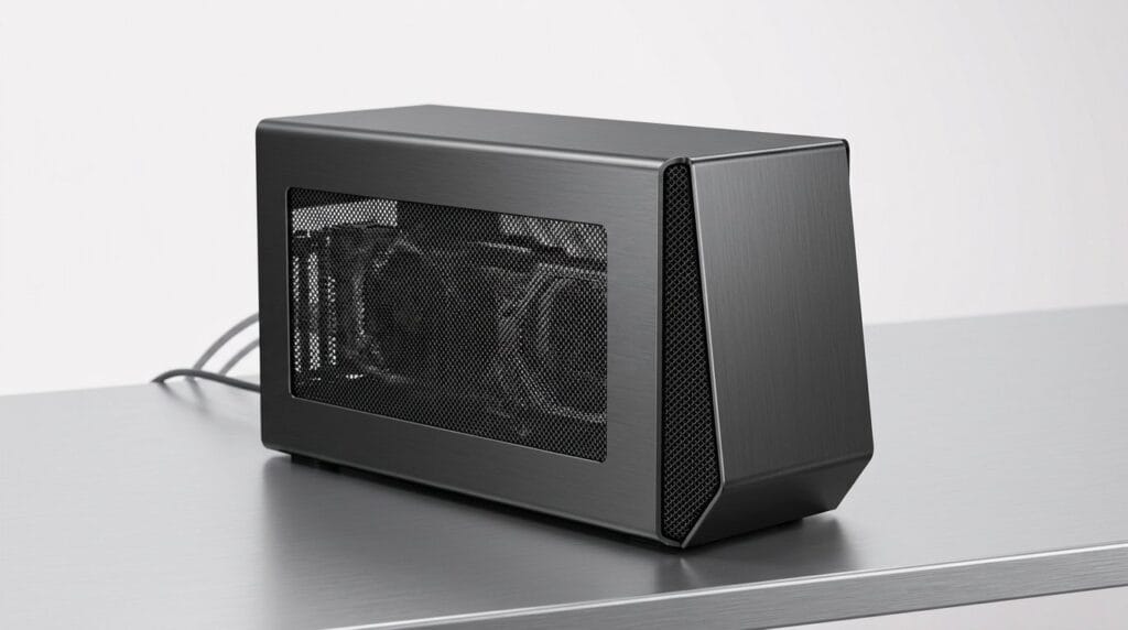 Compact external GPU enclosure with transparent side panel on a desk under soft light