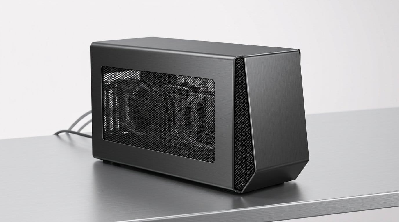 Compact external GPU enclosure with transparent side panel on a desk under soft light