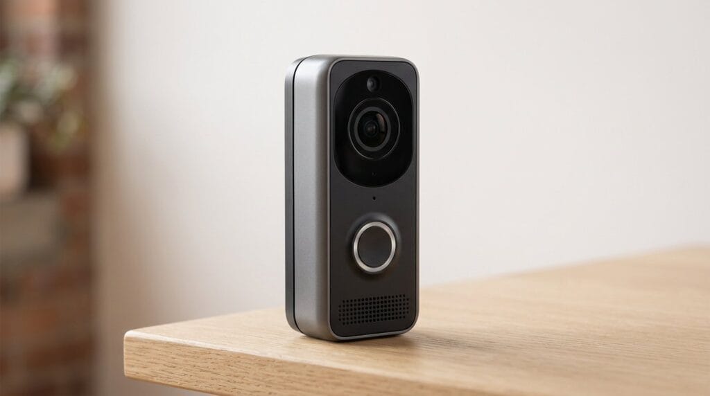 Compact smart video doorbell on a wooden surface with camera and motion detection, lit by soft directional light.