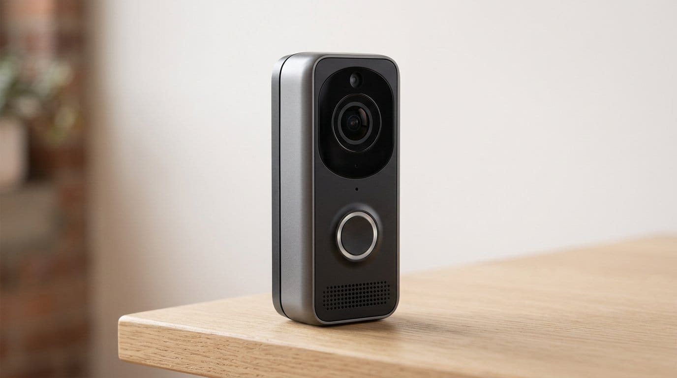 Compact smart video doorbell on a wooden surface with camera and motion detection, lit by soft directional light.