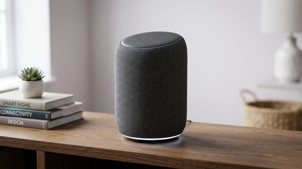 Smart speaker on a wooden table in a cozy living room, featured image for a smart home hubs guide