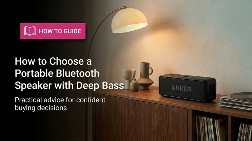 Portable Bluetooth speaker on a minimal surface with soft directional light.