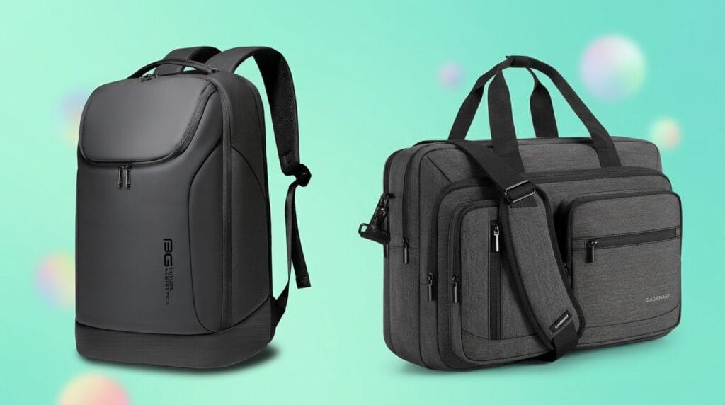 Black backpack and duffel bag on a turquoise background for a work bag comparison