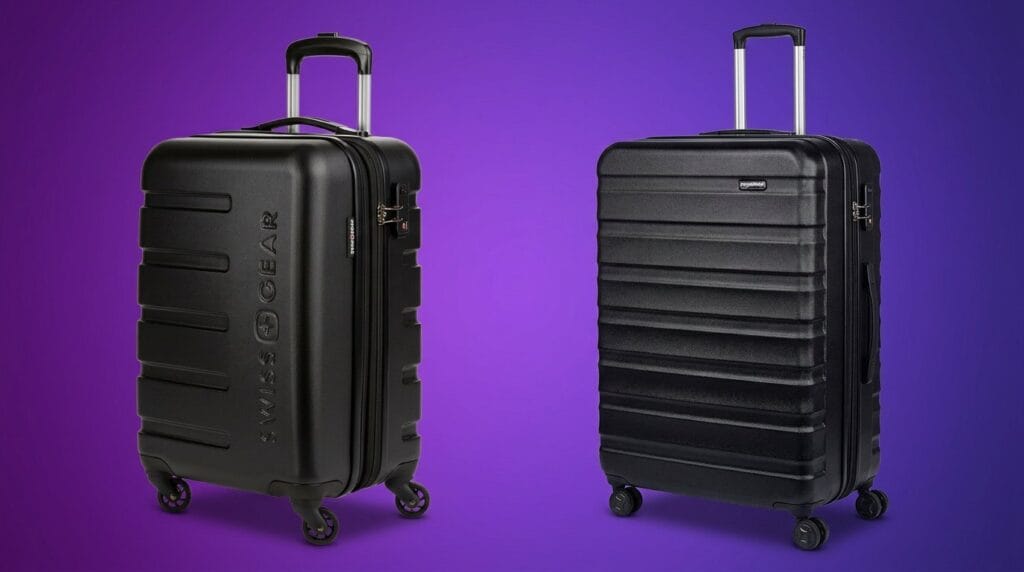 Two black hard-shell suitcases with telescopic handles and spinner wheels on a purple background.