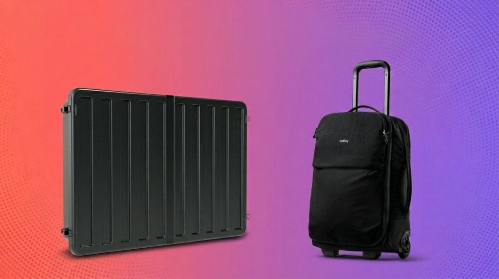 Black hard-shell suitcase and soft-shell rolling luggage side by side on a gradient background