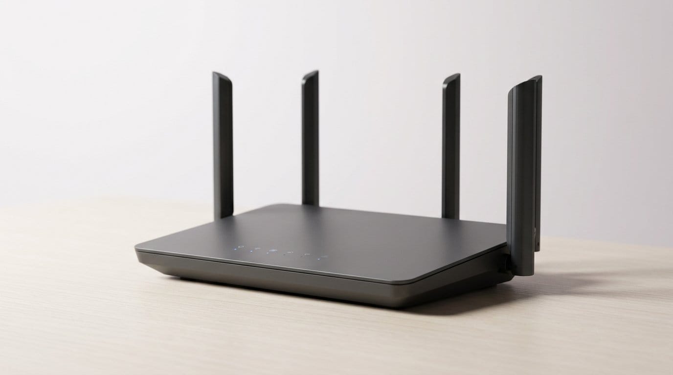 Black wireless router with four antennas on a wooden surface under soft directional light