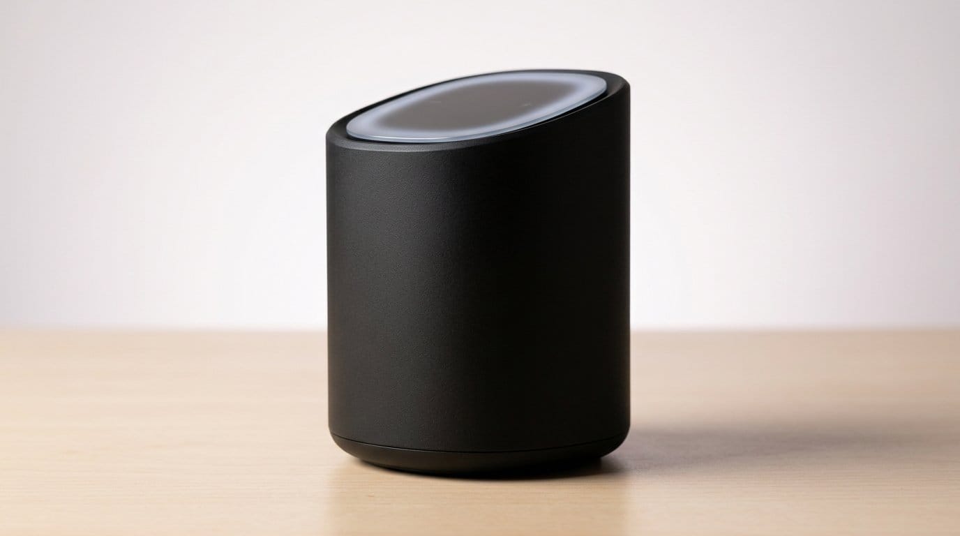 Black portable Bluetooth speaker with sleek cylindrical design on a wooden surface.