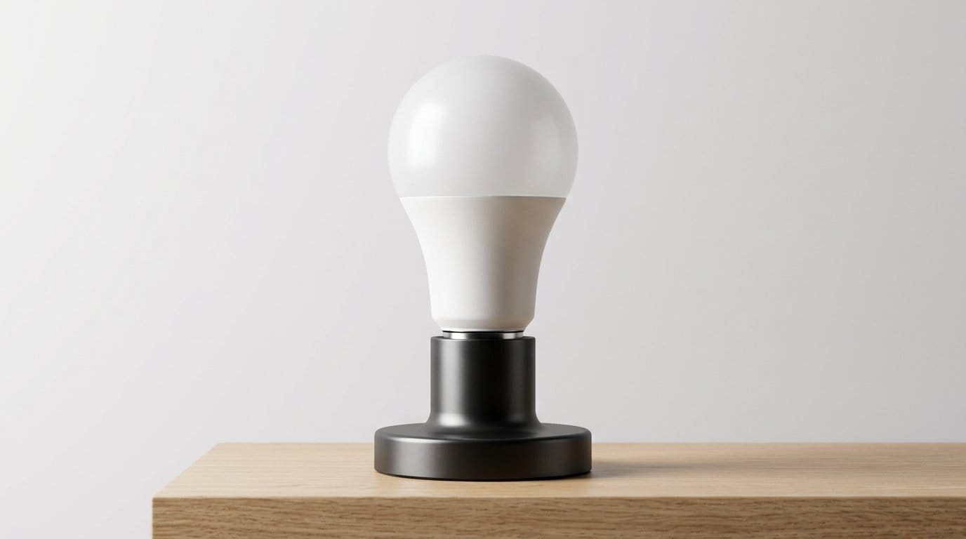 Modern LED smart light bulb on a minimalist black stand on a wooden surface, with soft directional light