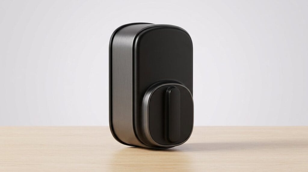 Modern black smart lock on a wooden surface with a white background, featured product image