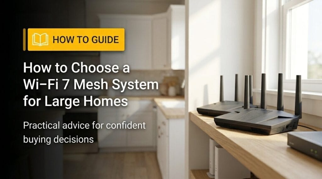 Wi‑Fi 7 mesh router system on a modern shelf, shown in a shallow-depth-of-field editorial hero image
