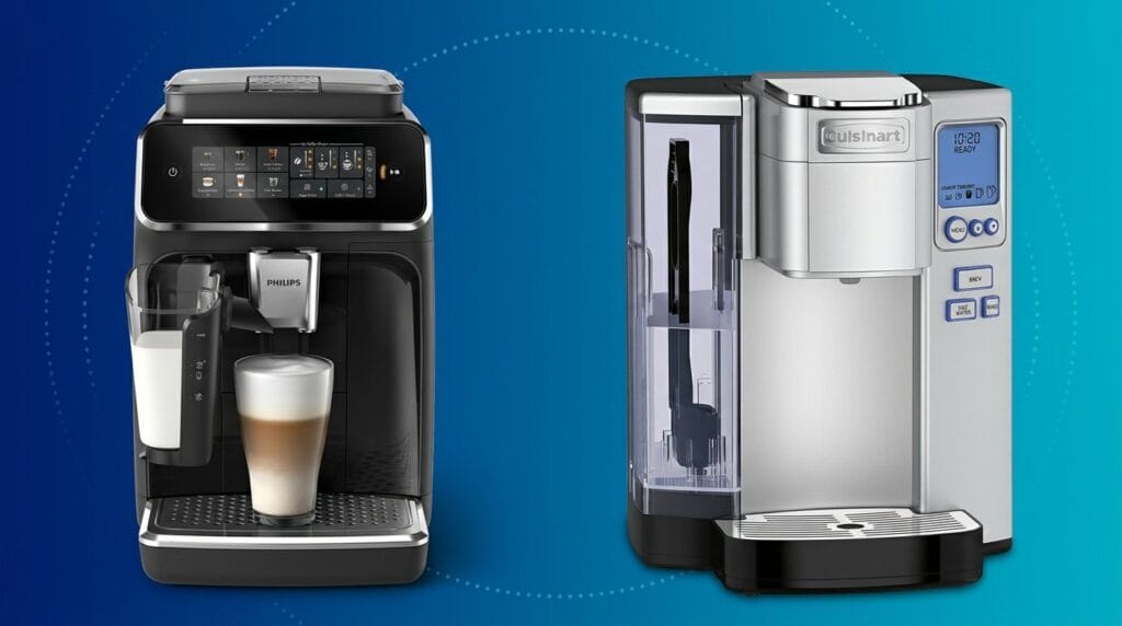 Two modern coffee machines with milk frothers on a blue gradient background, comparing espresso and pod coffee options.