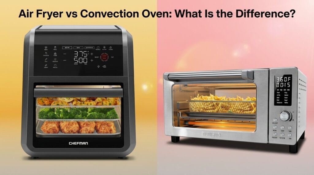 Air fryer and convection oven side by side on a minimal surface with soft directional light