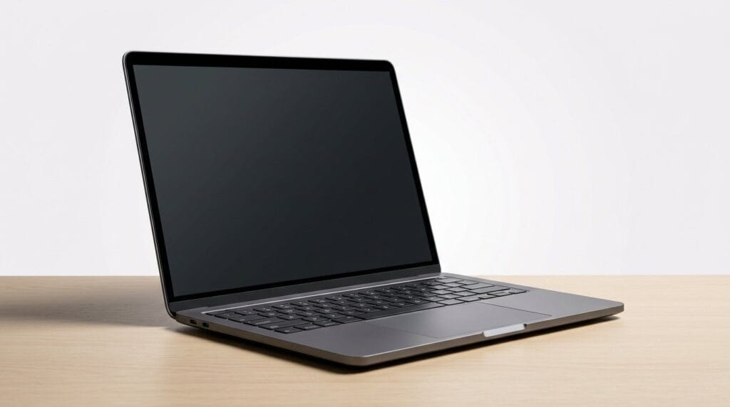 Sleek modern laptop with a blank screen on a wooden desk.