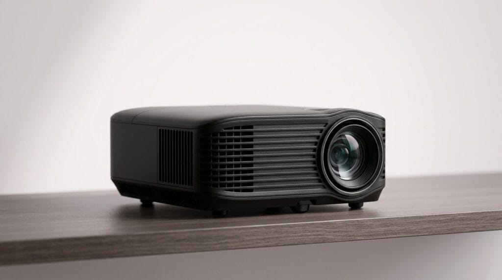 Black portable projector on a wooden shelf against a white background with soft directional light
