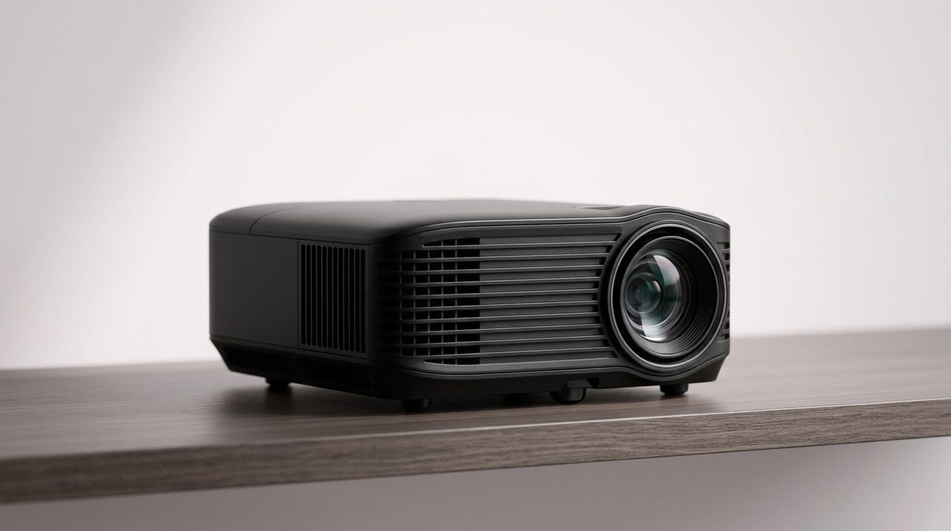 Black portable projector on a wooden shelf against a white background with soft directional light