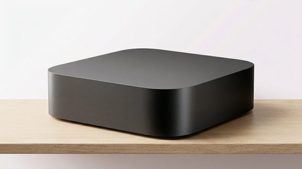 Sleek black streaming device on a wooden surface, lit softly for a 4K TV buyer guide.