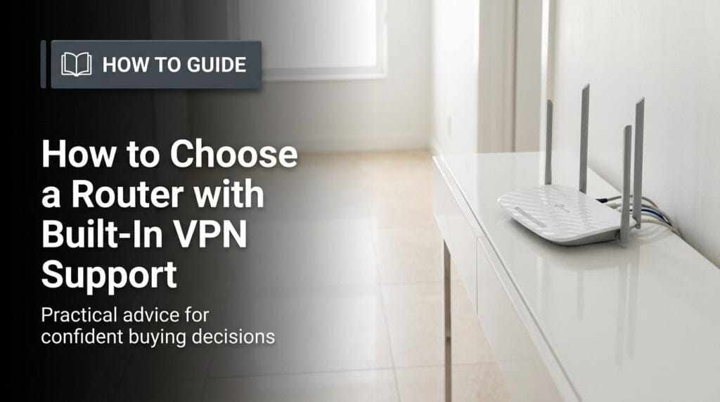 WiFi router on a modern shelf, shown with shallow depth of field for a VPN support guide