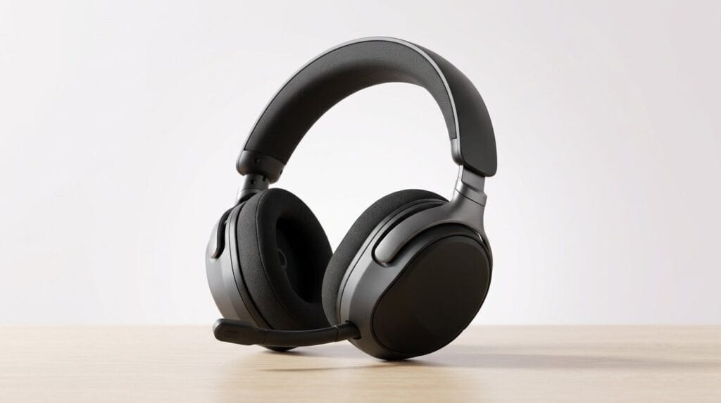 Black wireless over-ear gaming headset on a wooden surface against a white background, product hero image