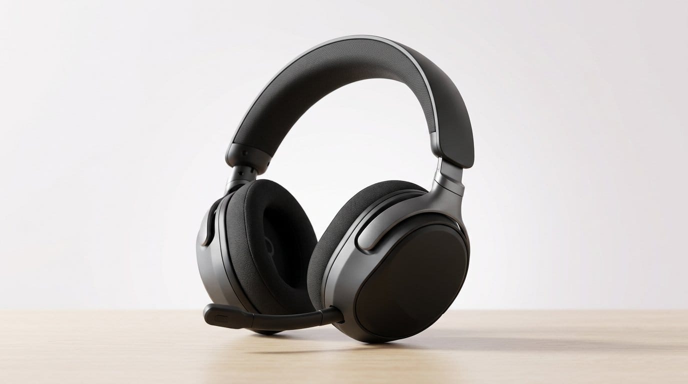Black wireless over-ear gaming headset on a wooden surface against a white background, product hero image